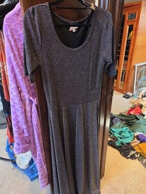 Lularoe Elegant Ana XL Sparkle Scoop Neck Maxi Dress - Black with Silver Lurex